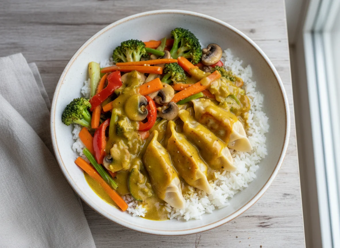 Asiatische Reisschale mit Gemüse, Gyoza und Currysoße photo