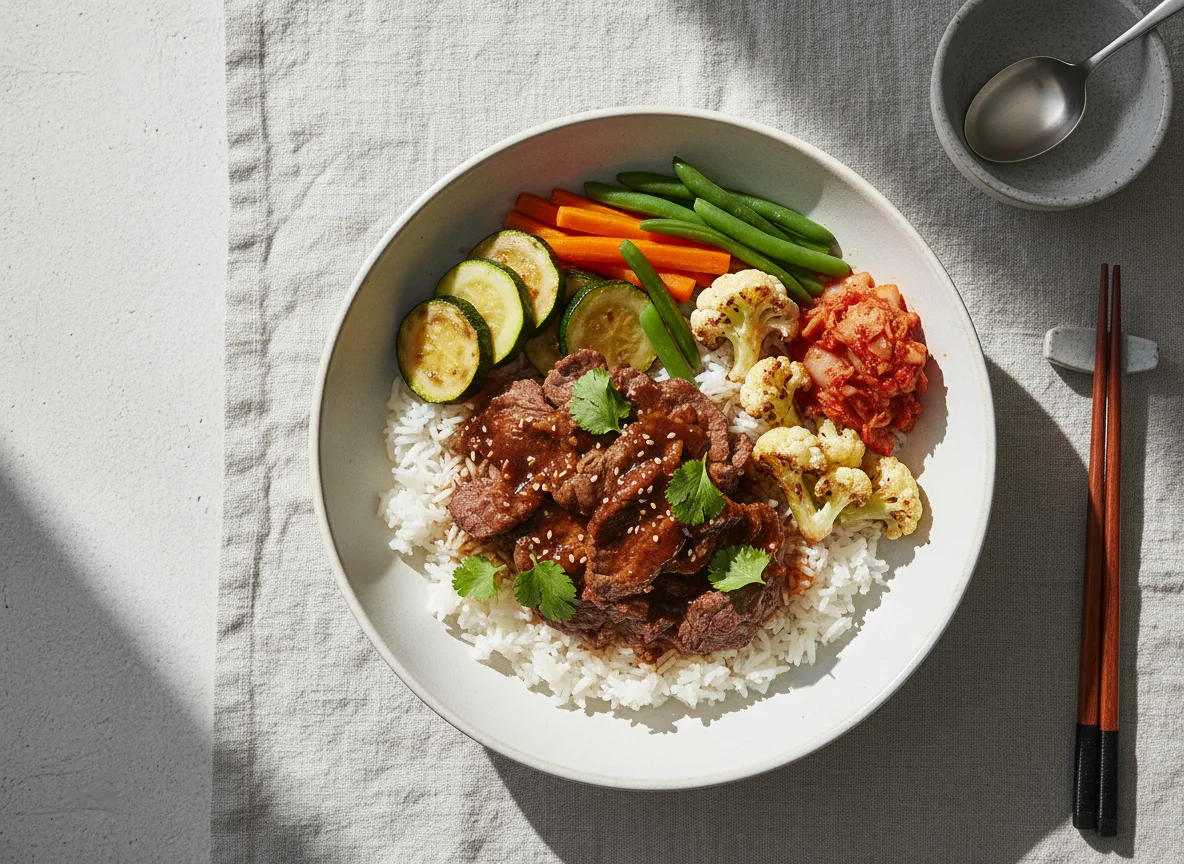 Asiatische Reisschale mit Gemüse und Fleisch photo