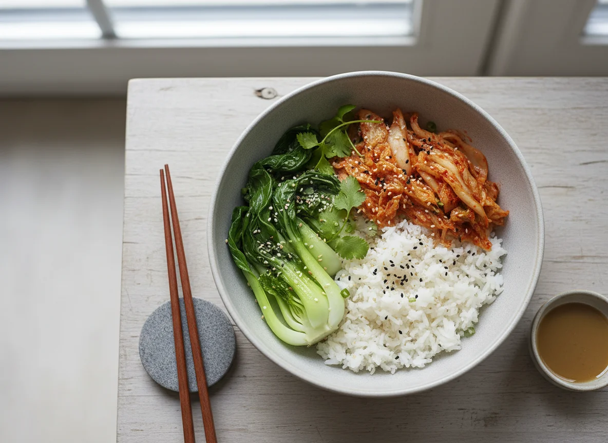 Asiatische Reisschale mit Gemüse und Kimchi photo