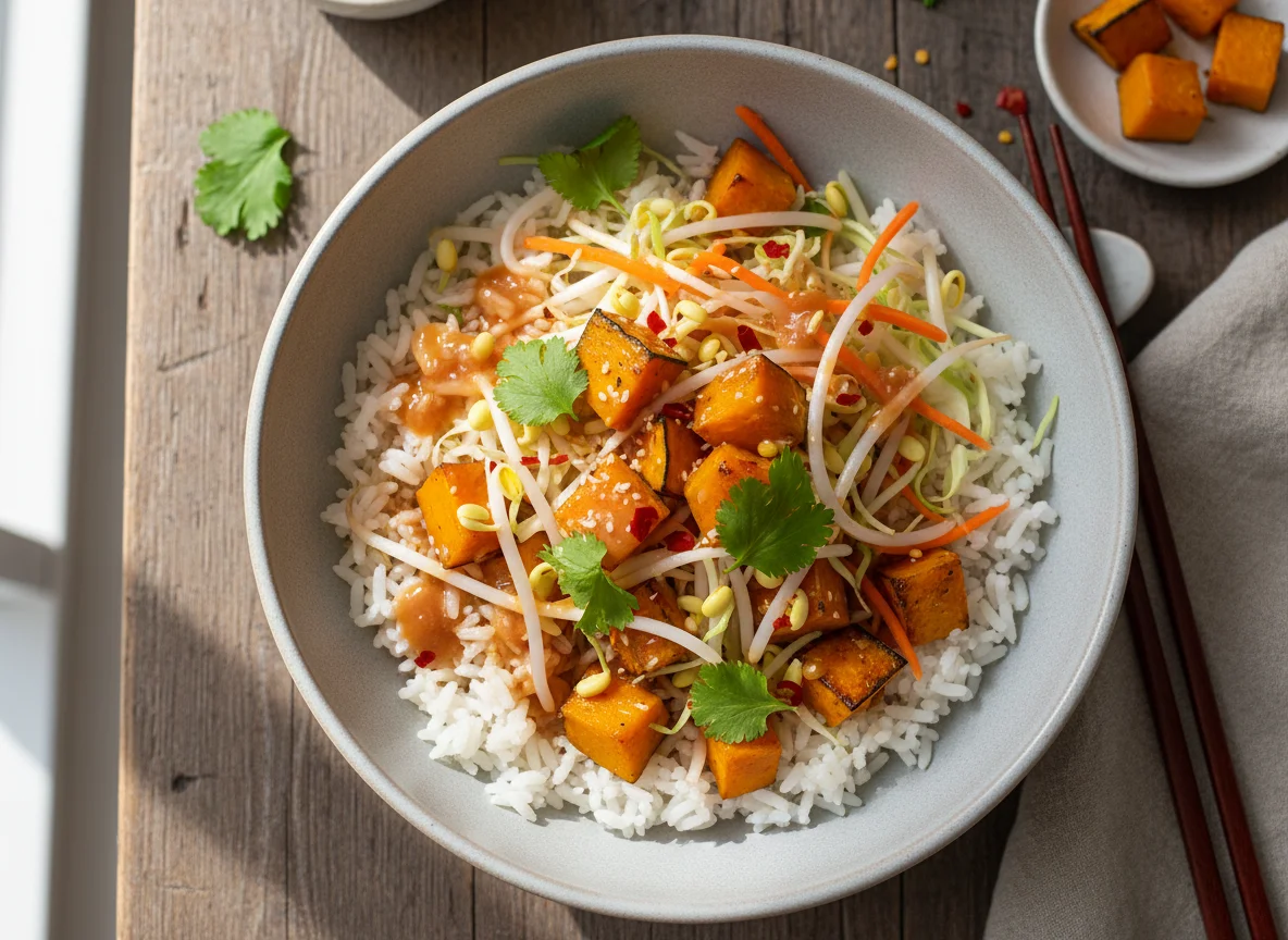 Asiatische Reisschale mit Gemüse und Kürbis photo