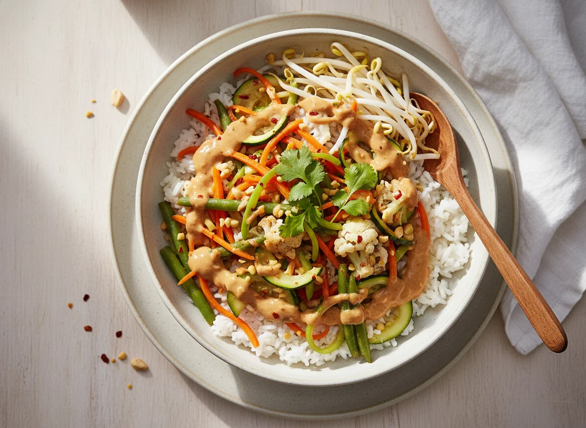 Asiatische Reisschale mit Gemüse und Sauce photo