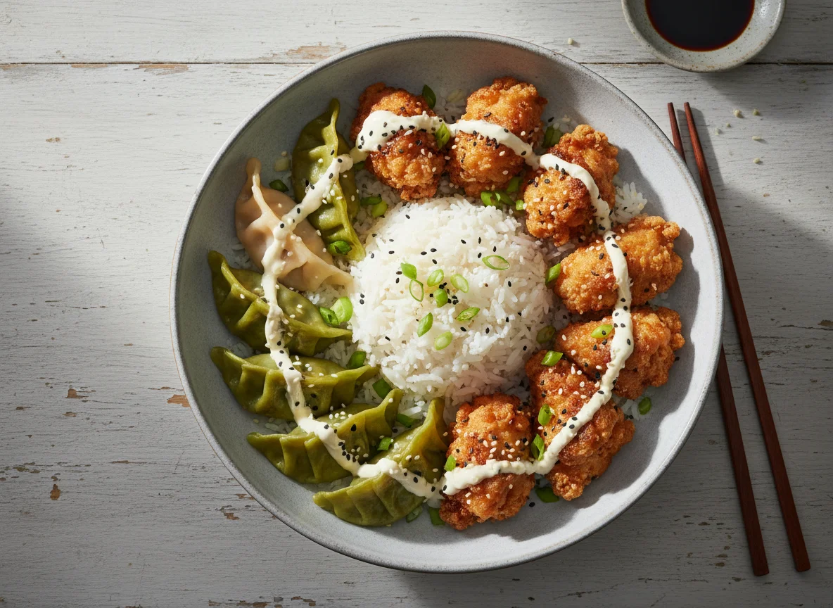 Asiatische Reisschale mit Hähnchen und Knödeln photo