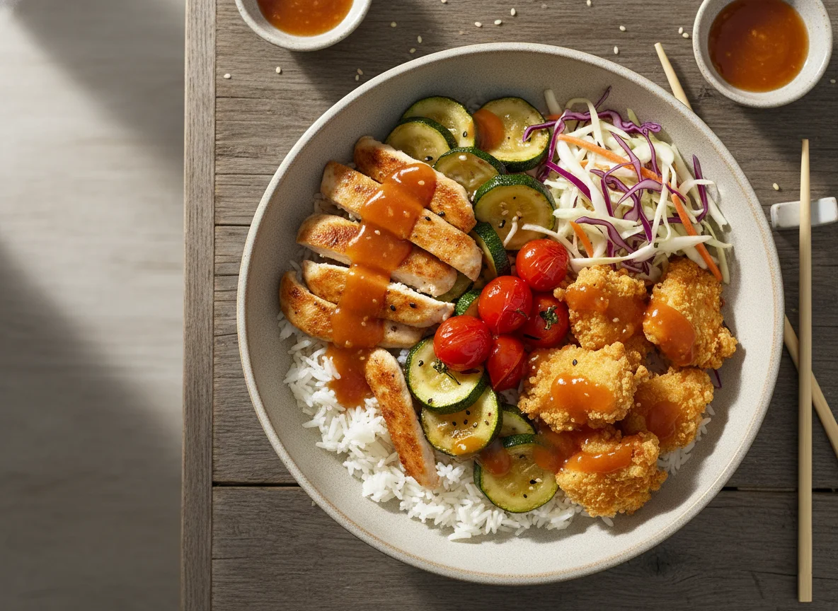 Asiatische Reisschale mit Huhn und Gemüse photo
