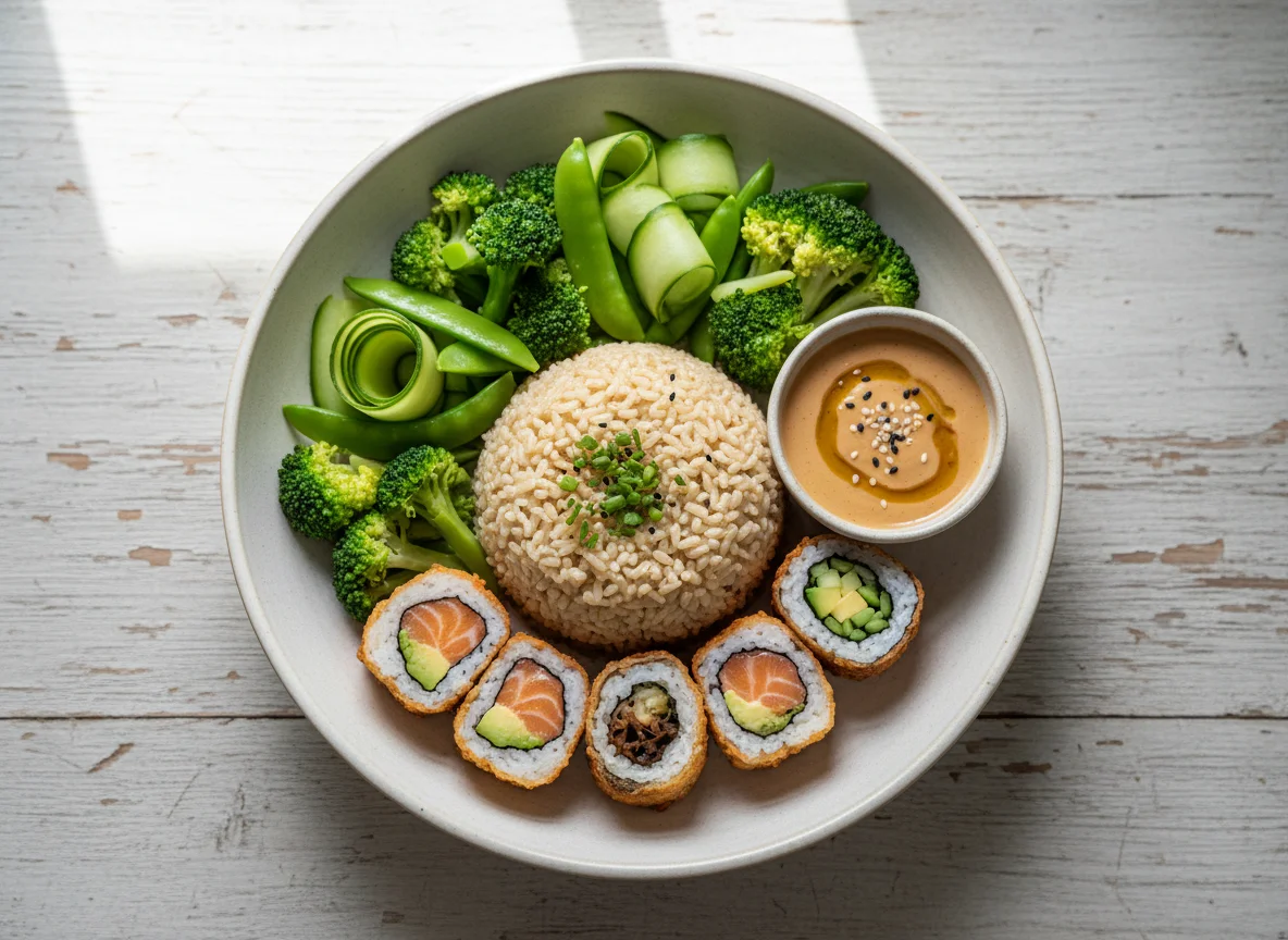 Asiatische Reisschale mit Sushi und Gemüse photo