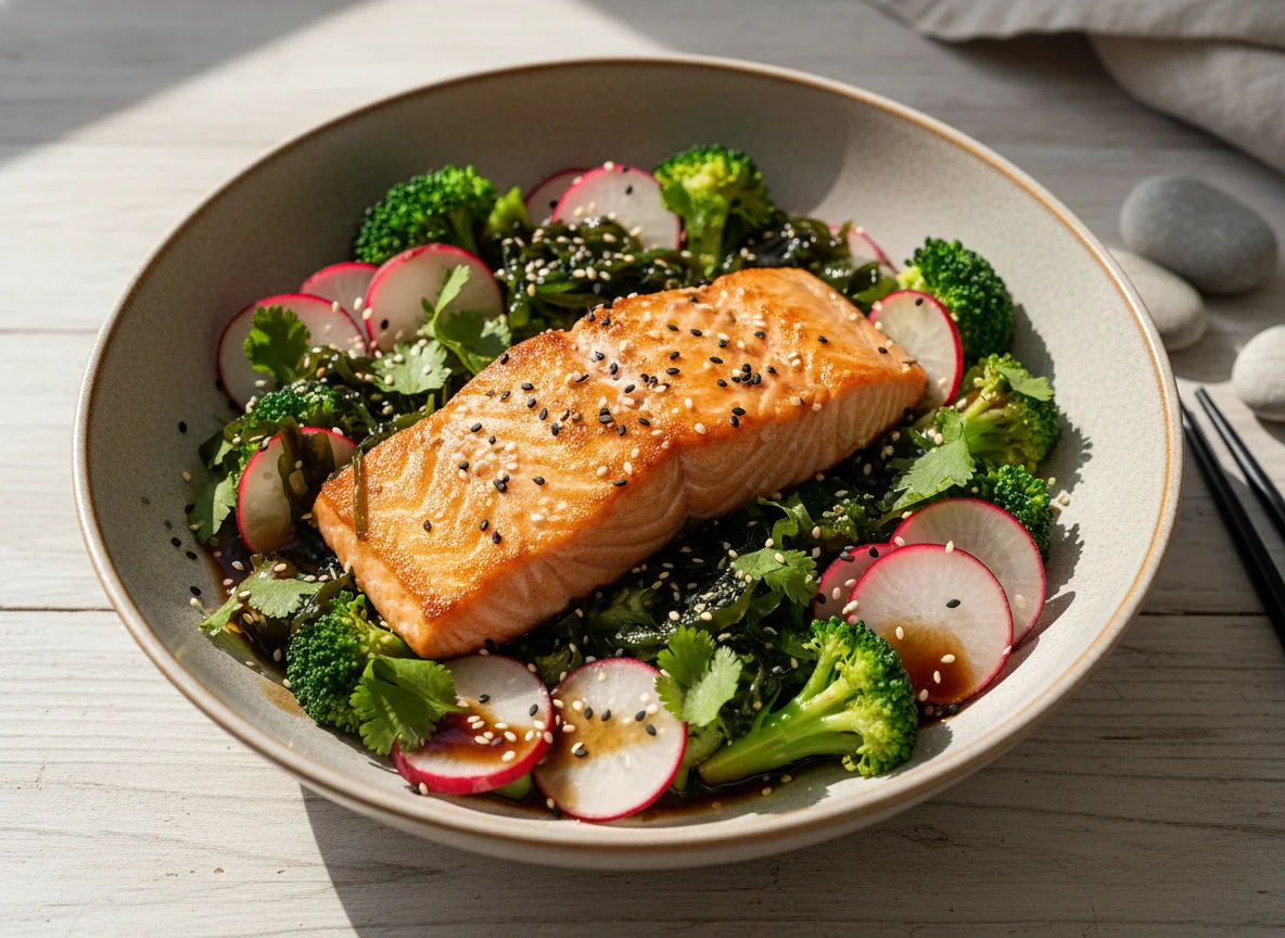 Asiatische Schale mit Lachs und Gemüse photo