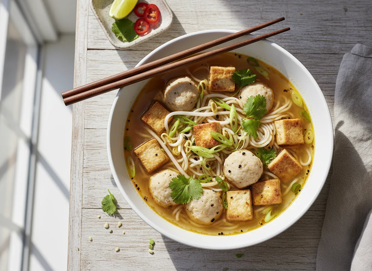 Asiatische Suppe mit Fischbällchen und Tofu photo