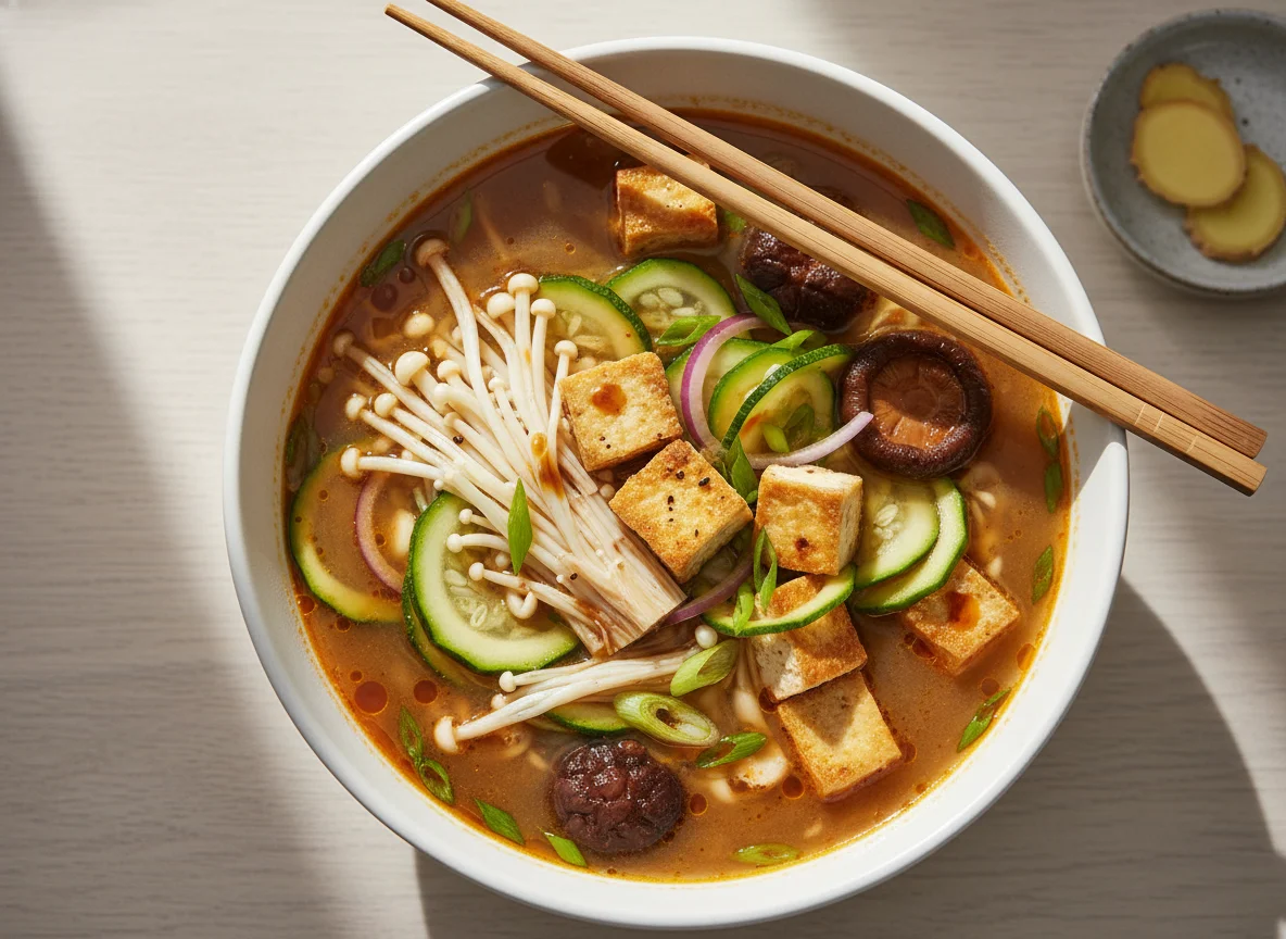 Asiatische Suppe mit Pilzen und Zucchini photo