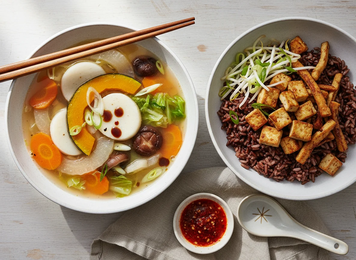 Asiatische Suppe und Reisbowl photo