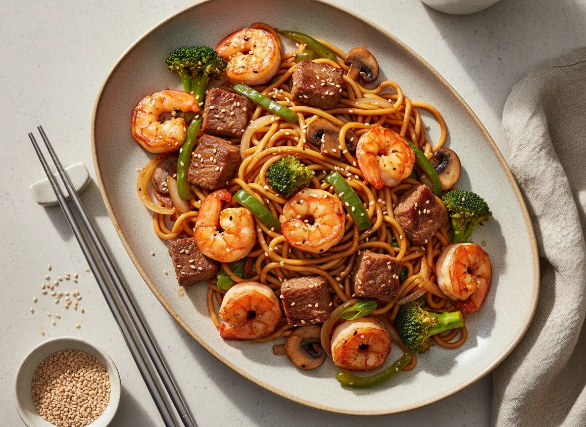 Asiatische Teppanyaki-Platte mit Garnelen, Rindfleisch und Nudeln photo