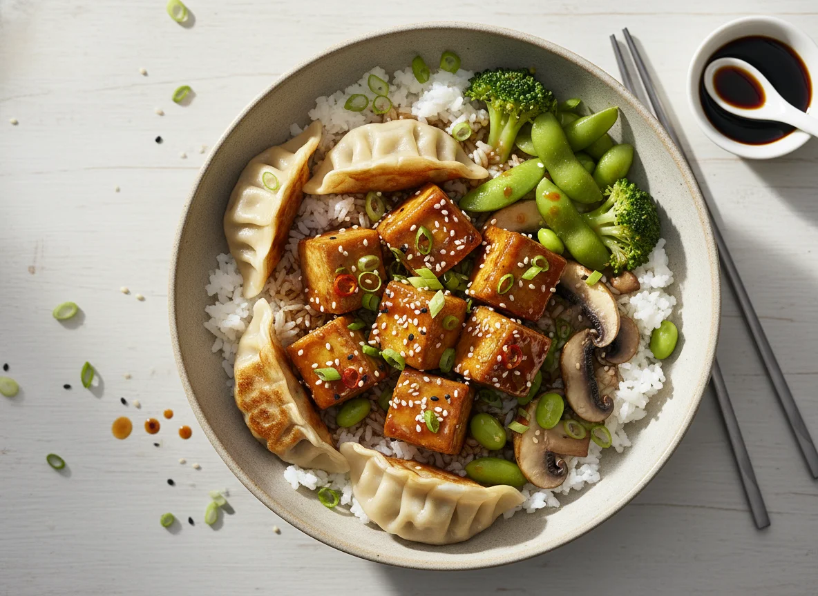 Asiatische Tofu-Reis-Schale mit Gyoza und Edamame photo