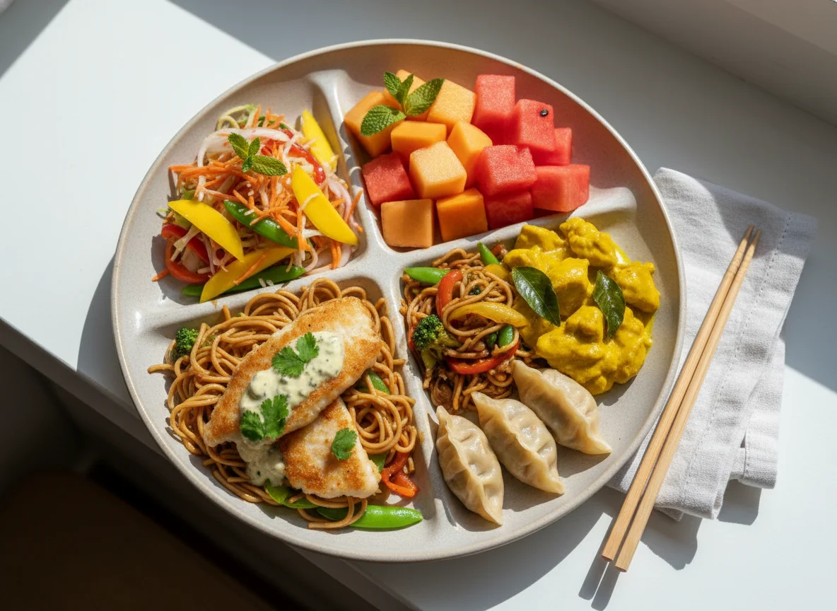 Asiatische Vorspeisenplatte mit Früchten photo
