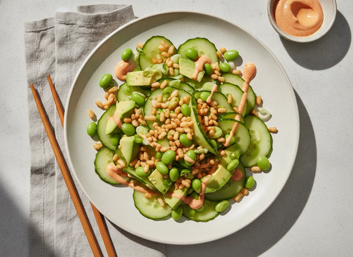 Asiatischer Gurkensalat mit Edamame und knusprigem Reis photo