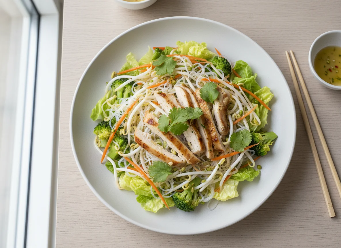 Asiatischer Hähnchensalat mit Sprossen und Nudeln photo