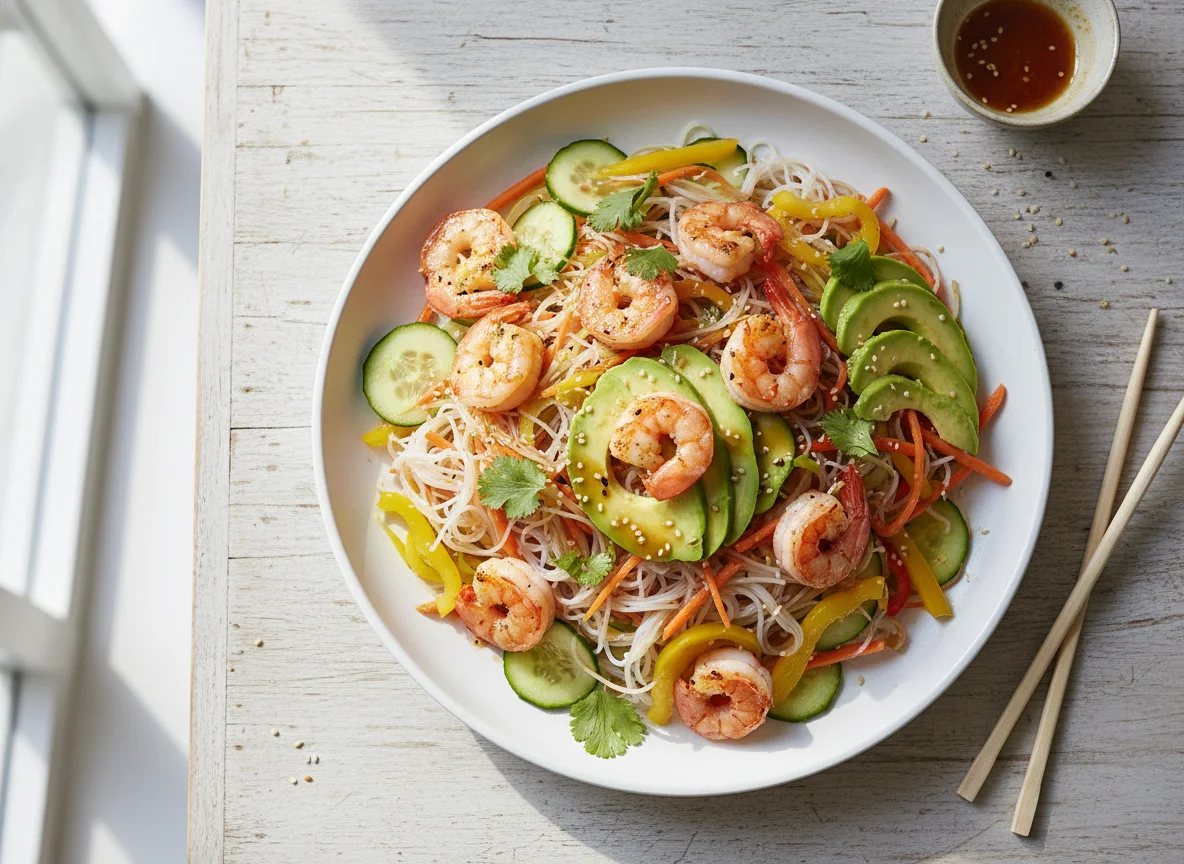 Asiatischer Nudelsalat mit Garnelen und Avocado photo