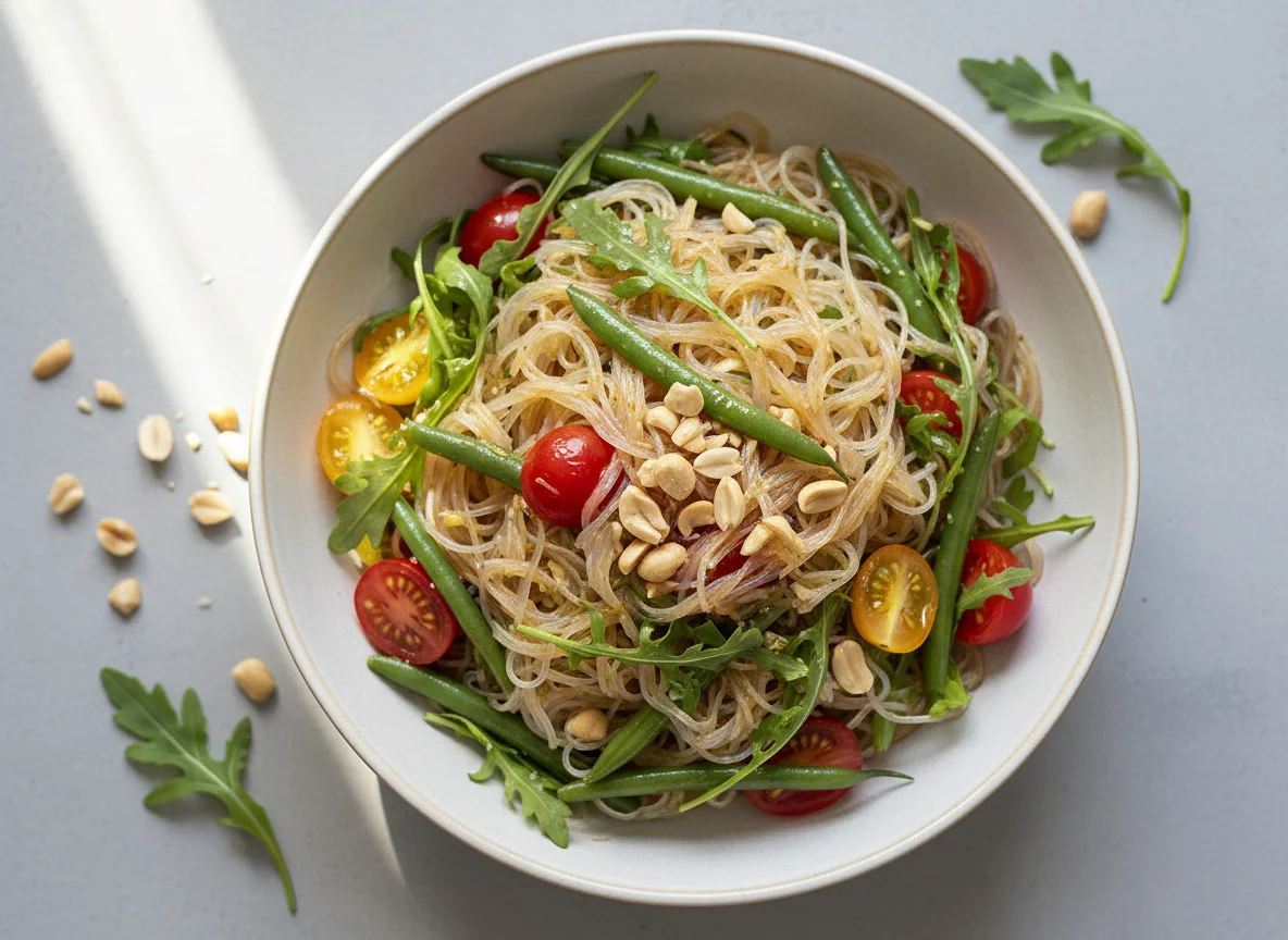 Asiatischer Nudelsalat mit Gemüse und Erdnüssen photo