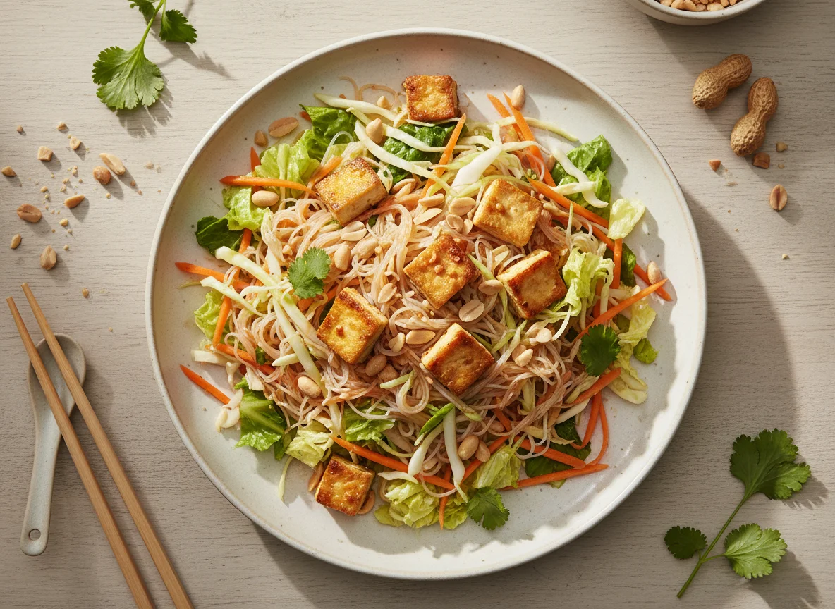 Asiatischer Nudelsalat mit Gemüse und Tofu photo