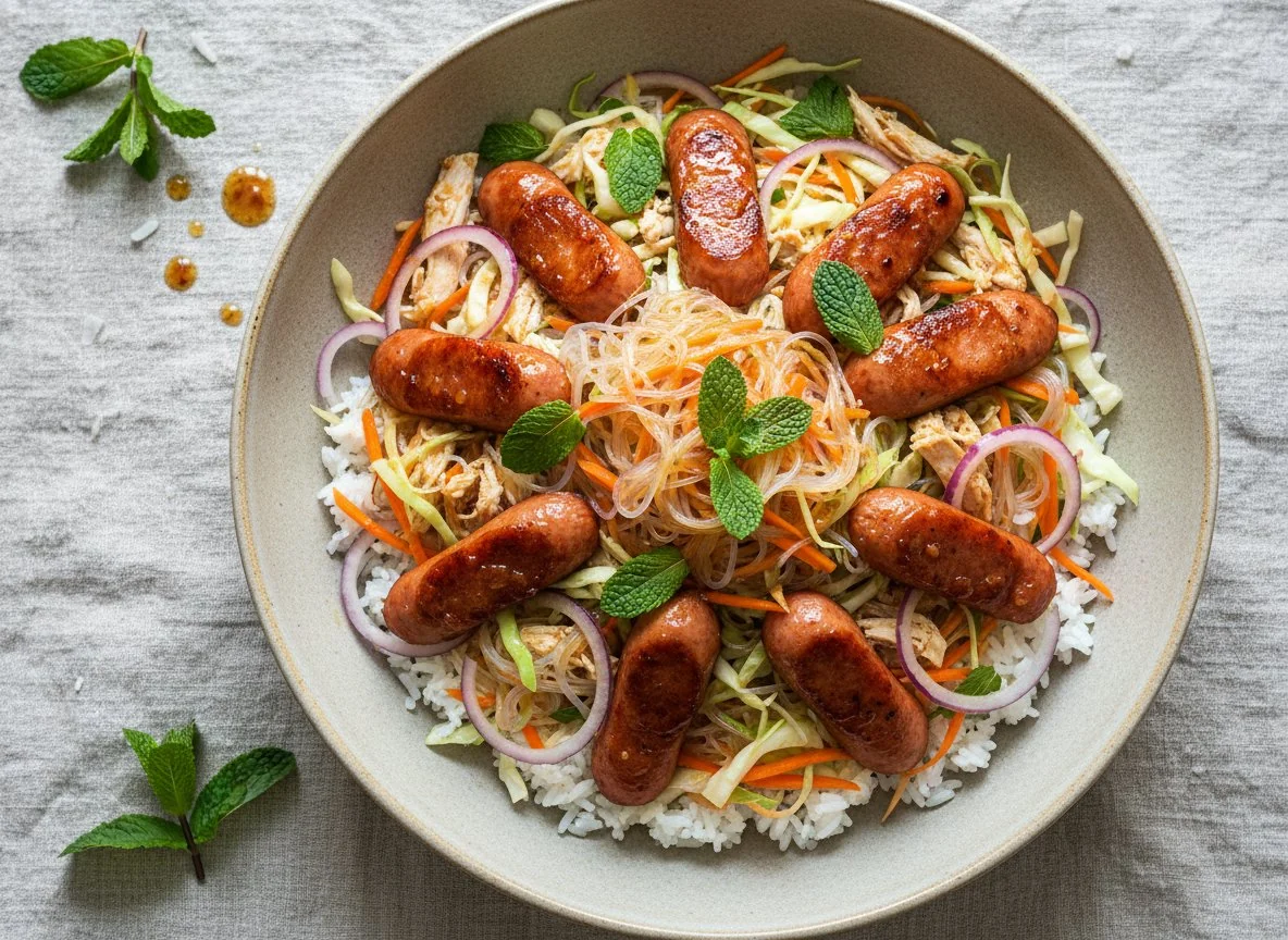 Asiatischer Reisnudelsalat mit Reis und Wurst photo