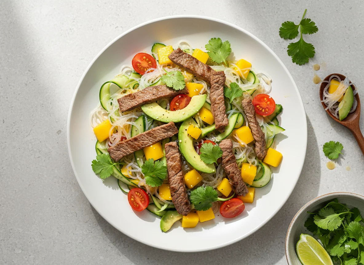 Asiatischer Rindfleischsalat mit Mango und Reisnudeln photo