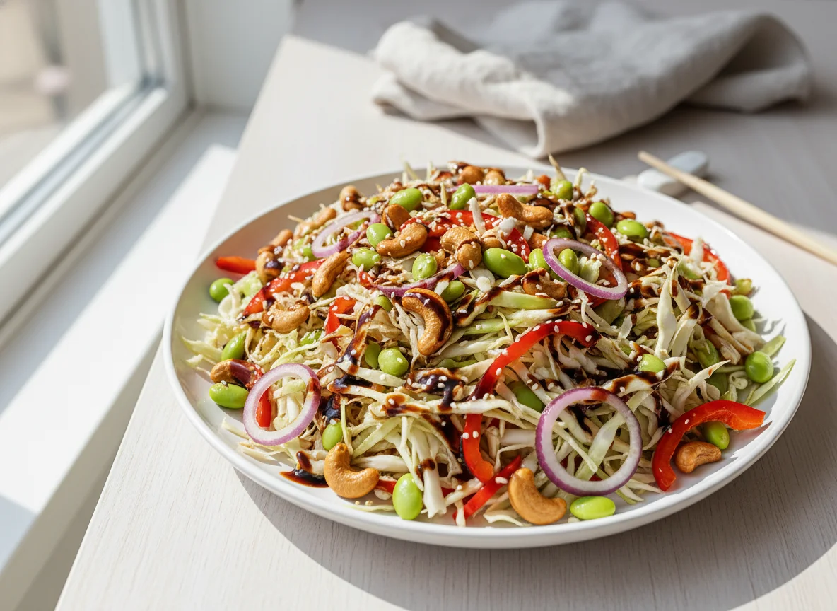 Asiatischer Salat mit Edamame, Cashewkernen und Teriyaki-Sauce photo