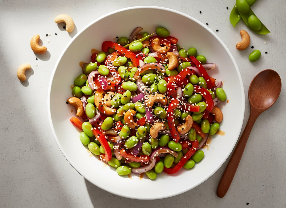 Asiatischer Salat mit Edamame, Cashews und Teriyaki-Sauce photo