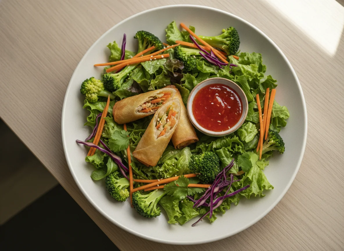 Asiatischer Salat mit Frühlingsrollen und Süß-Sauer-Sauce photo