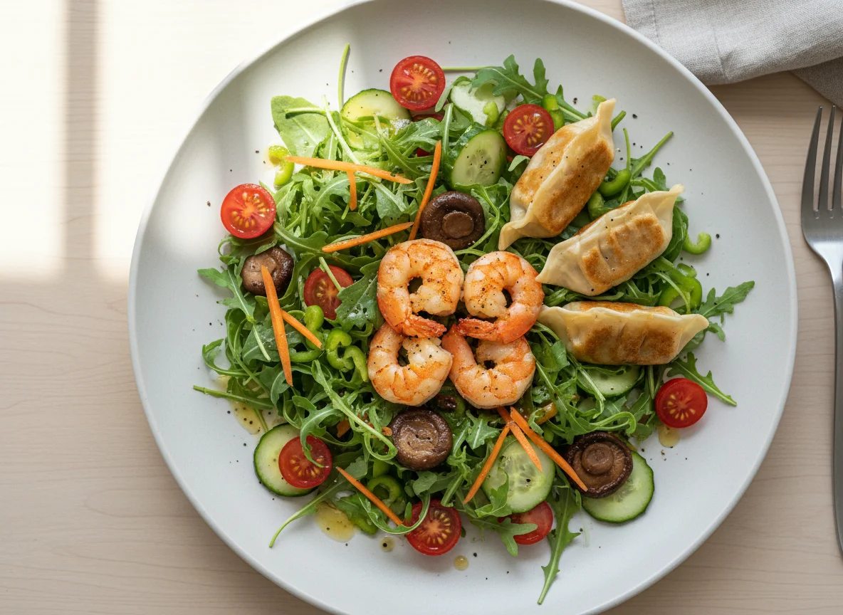 Asiatischer Teller mit Garnelen und Salat photo
