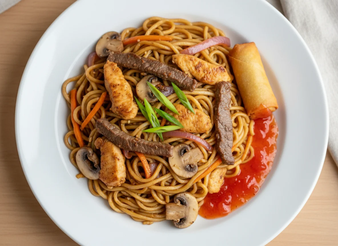 Asiatisches Buffetgericht mit Nudeln und Fleisch photo