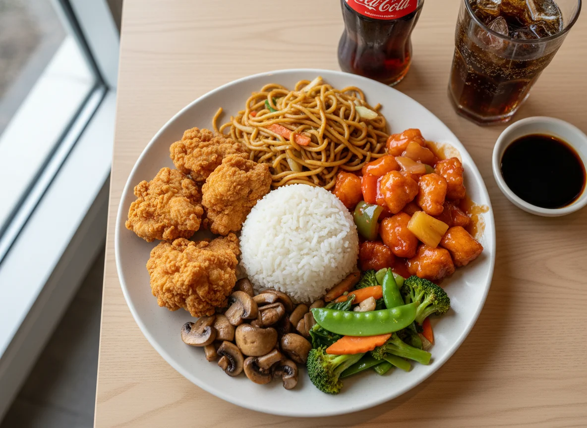 Asiatisches Buffet-Gericht mit Reis und Cola photo
