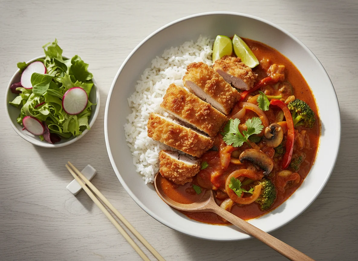 Asiatisches Curry mit knusprigem Hähnchen und Reis photo