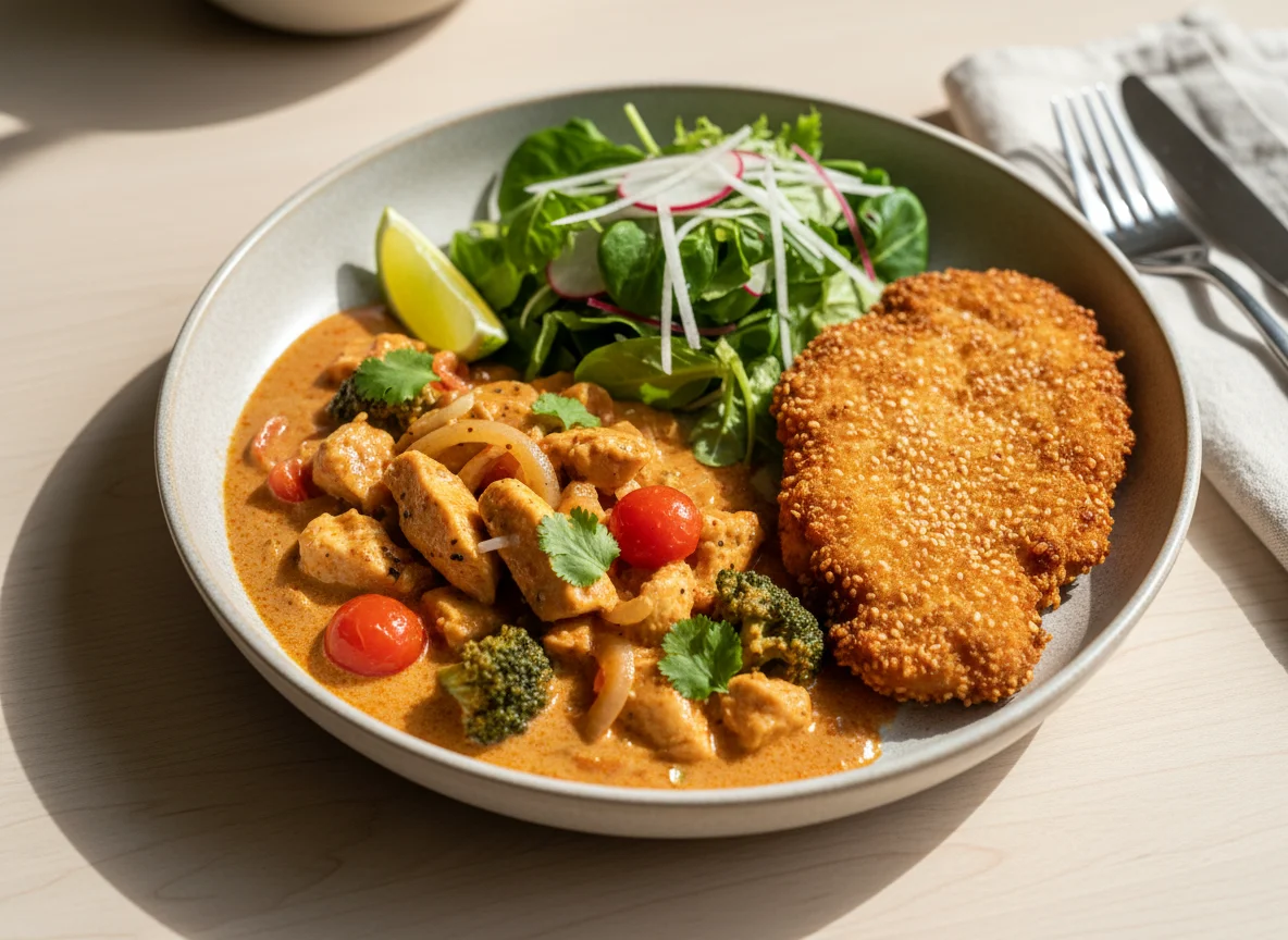 Asiatisches Curry mit paniertem Hähnchen und Salat photo