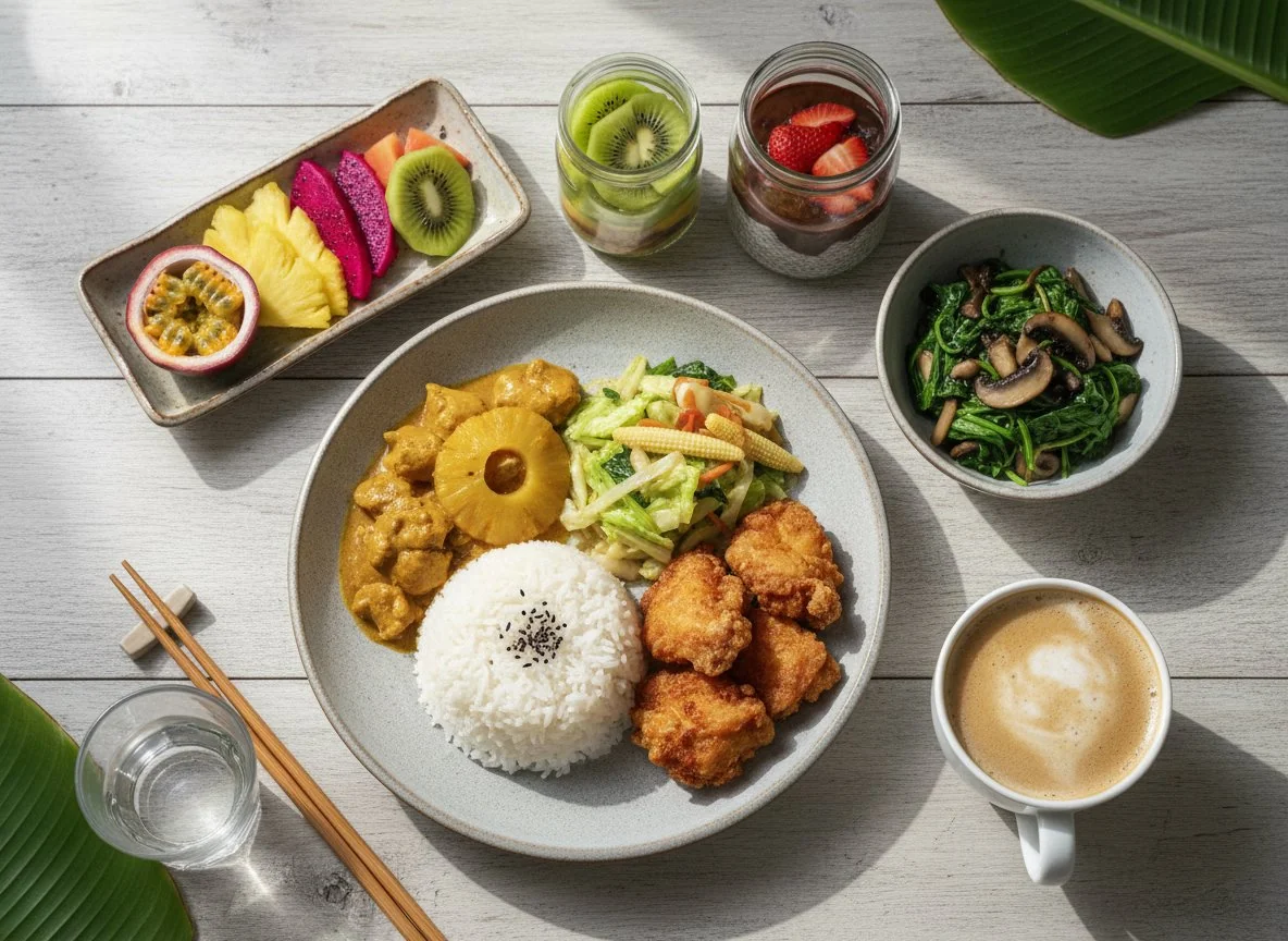 Asiatisches Frühstück mit Früchten und Curry photo