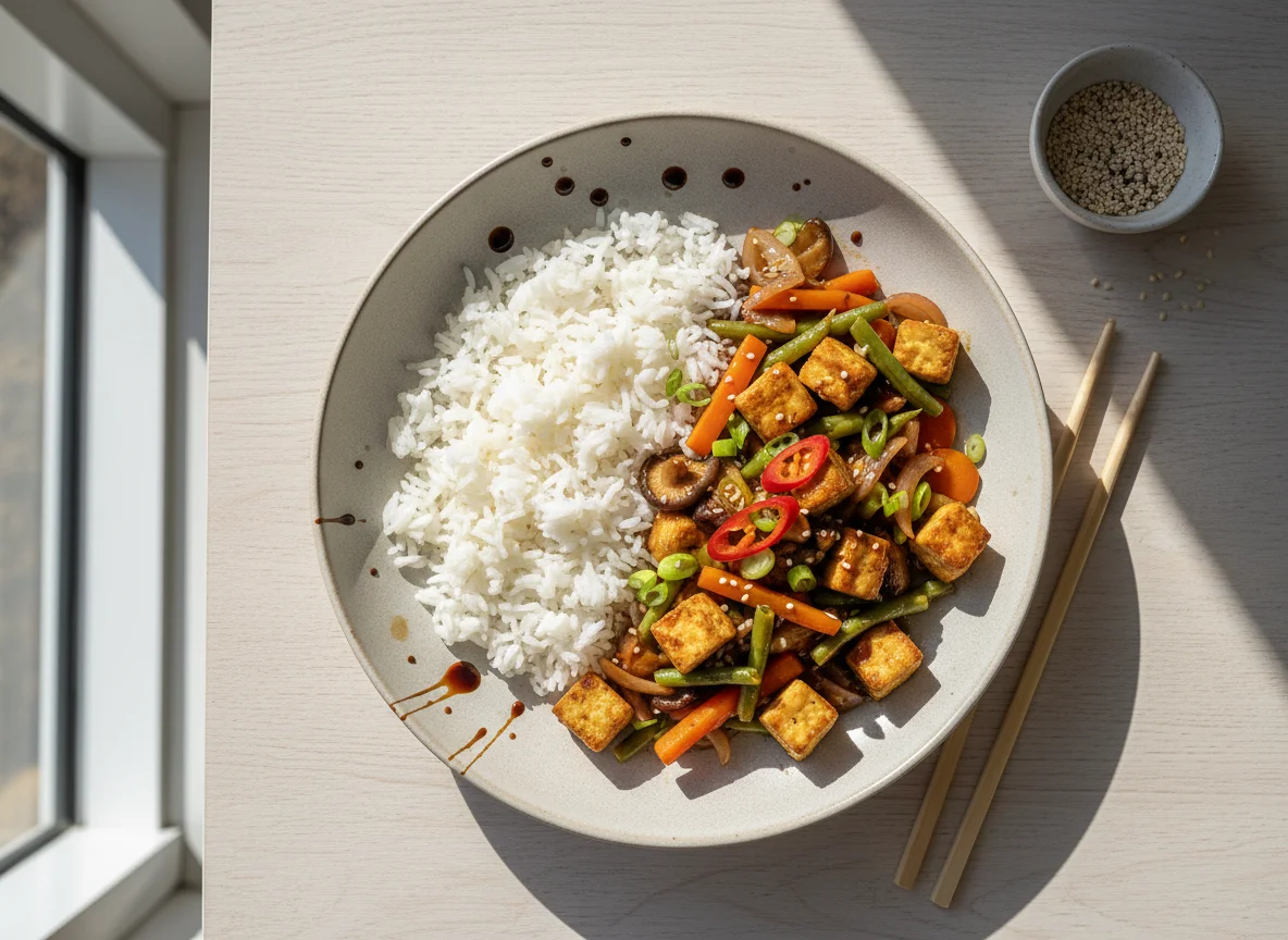 Asiatisches Gemüsecurry mit Tofu und Reis photo