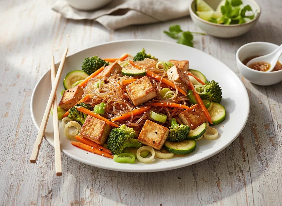 Asiatisches Gemüse-Tofu-Gericht mit Glasnudeln photo