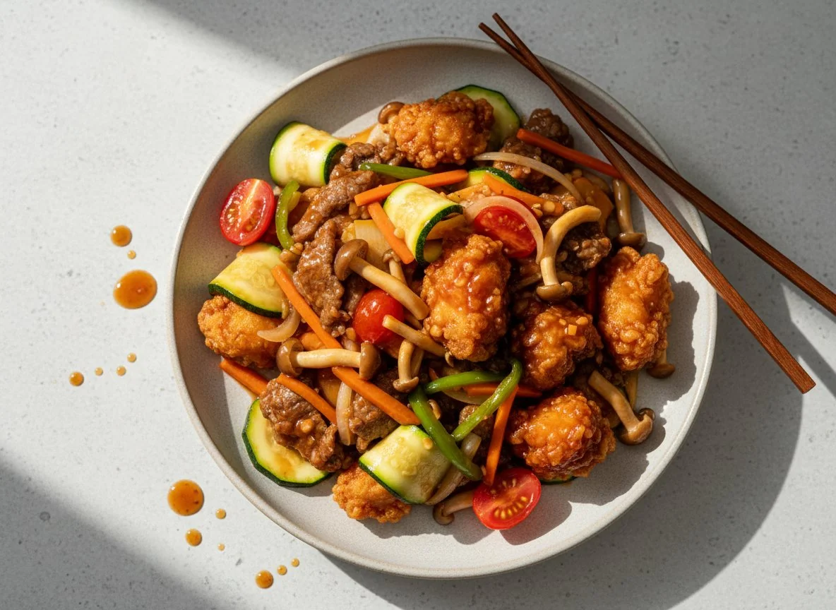 Asiatisches Gericht mit Fleisch und Gemüse photo