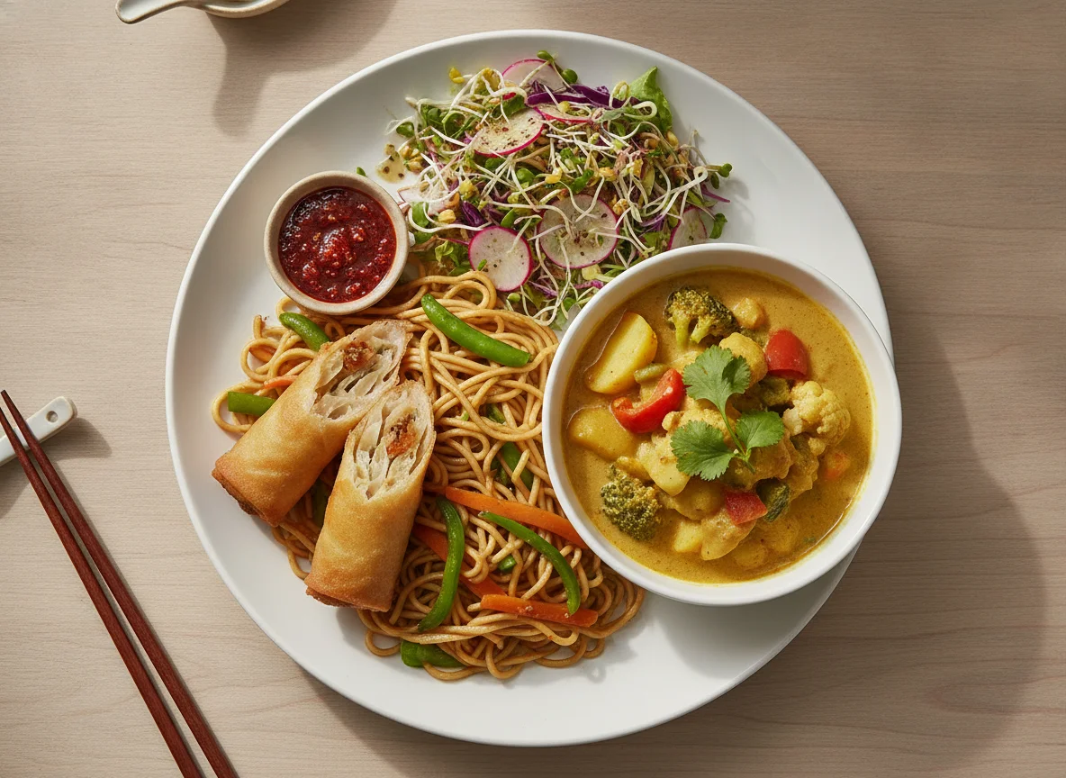 Asiatisches Gericht mit Frühlingsrolle, Nudeln, Curry und Salat photo