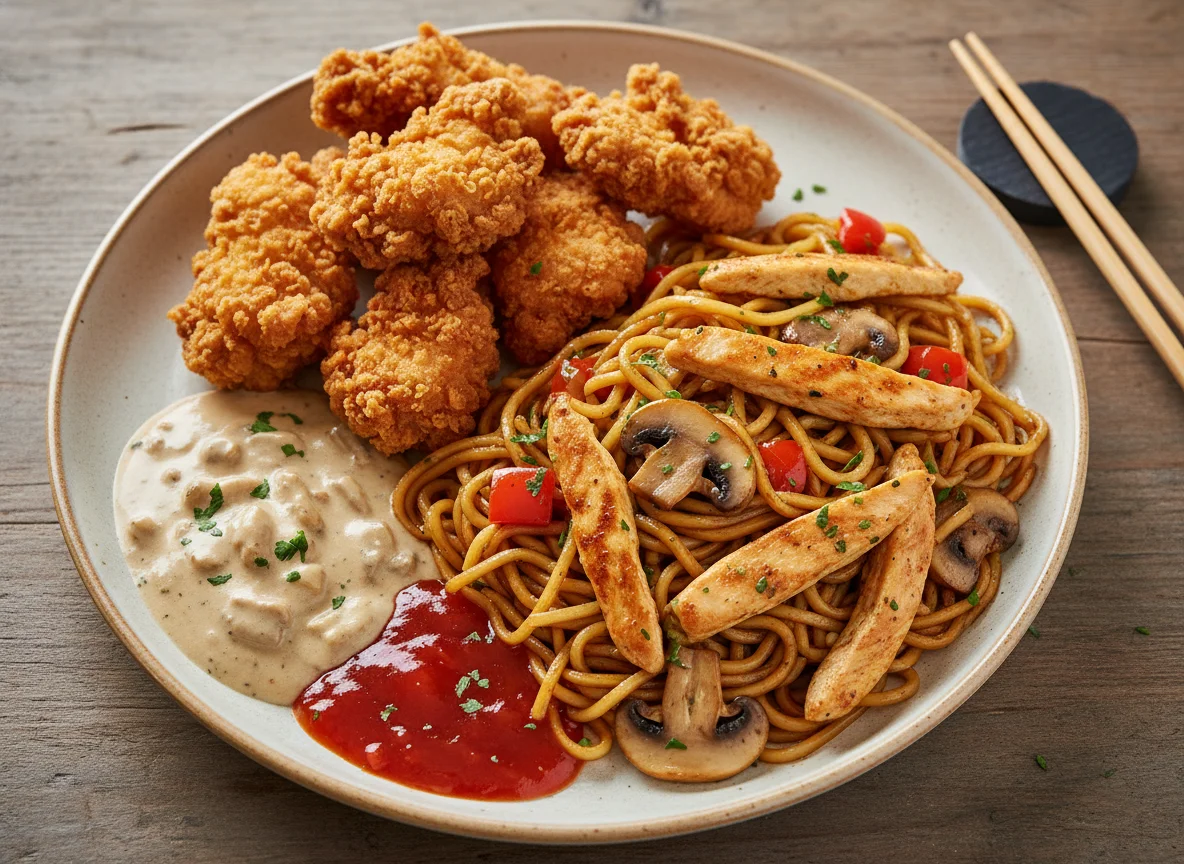 Asiatisches Gericht mit gebratenem Huhn und Nudeln photo