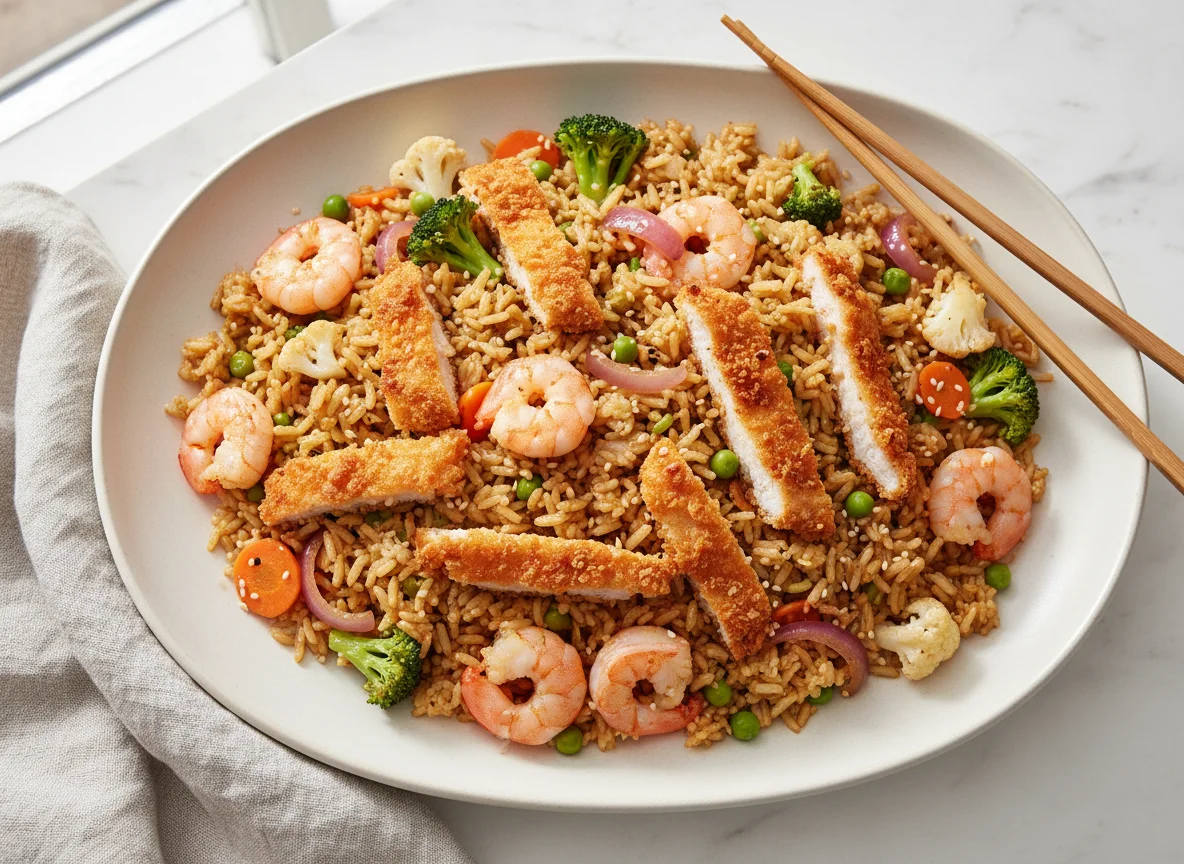 Asiatisches Gericht mit gebratenem Reis, Garnelen, Hähnchen und Gemüse photo