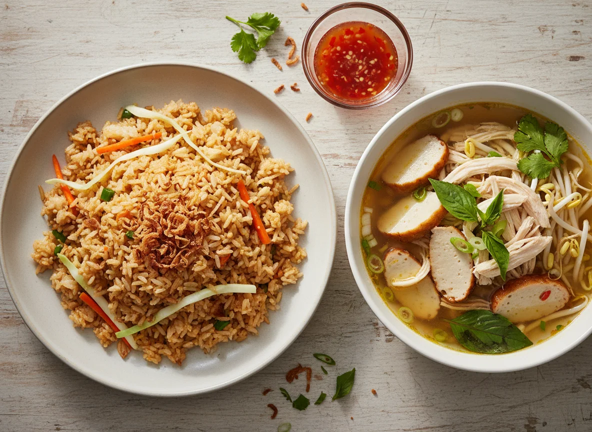 Asiatisches Gericht mit gebratenem Reis und Hühnersuppe photo