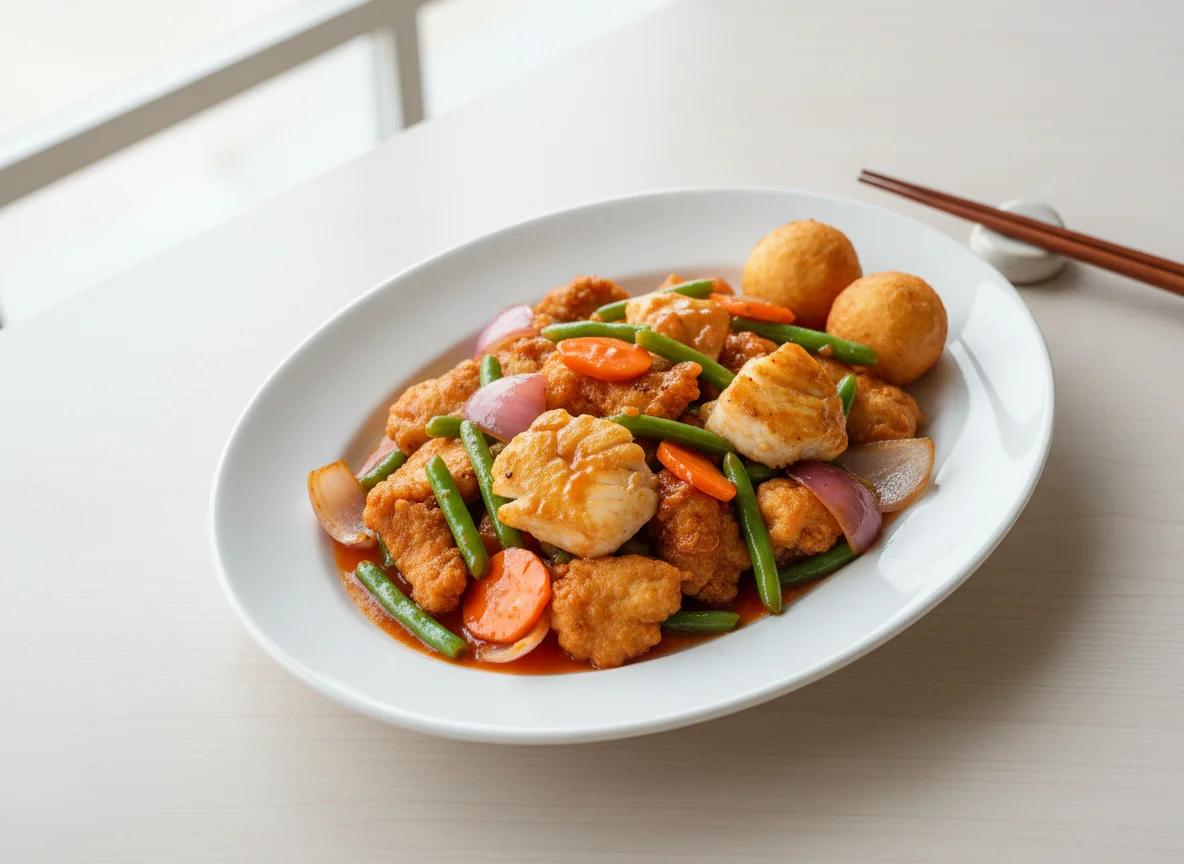 Asiatisches Gericht mit Huhn, Fisch und Gemüse photo