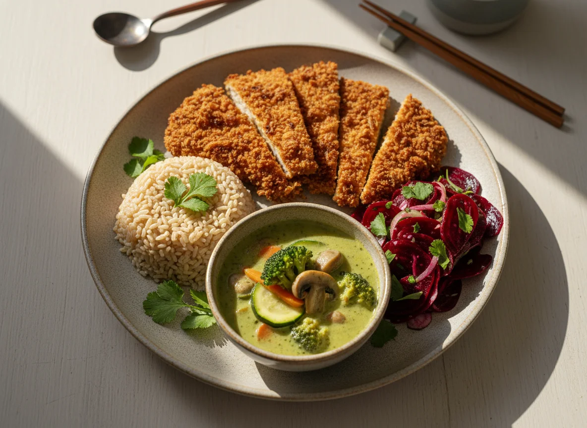 Asiatisches Gericht mit knusprigem Seitan und Curry photo