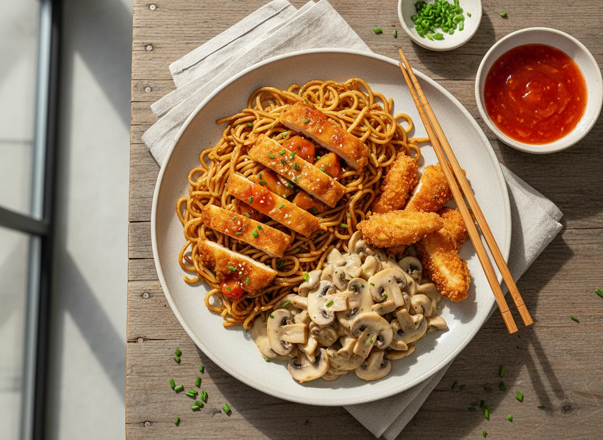 Asiatisches Gericht mit Nudeln, Hähnchen und Pilzen photo