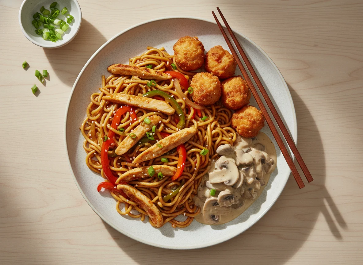 Asiatisches Gericht mit Nudeln, Huhn und Pilzen photo