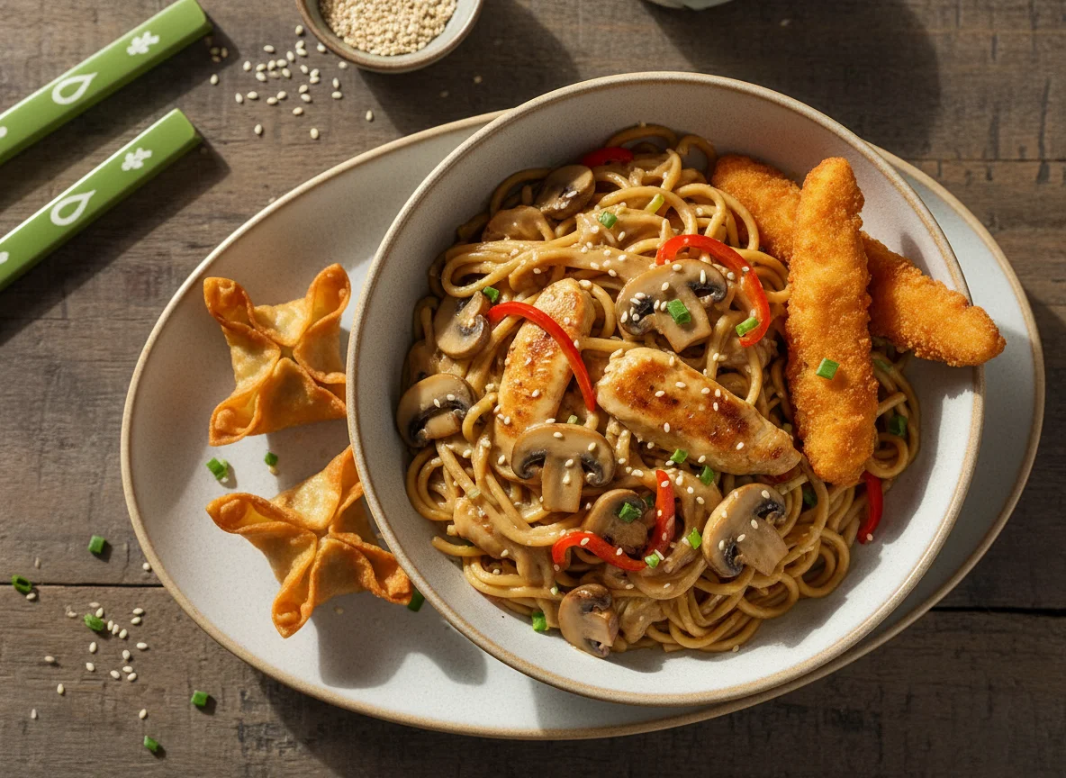 Asiatisches Gericht mit Nudeln, Pilzen und frittierten Beilagen photo