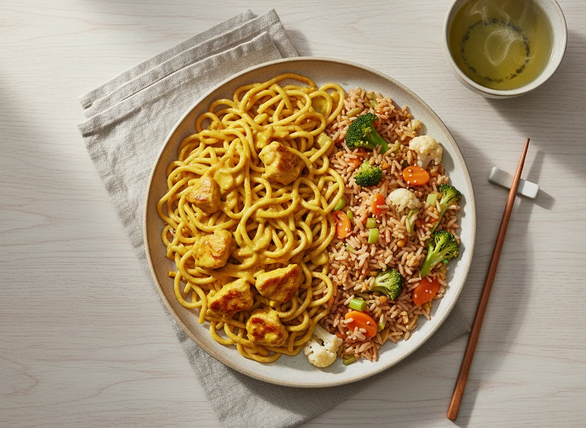 Asiatisches Gericht mit Nudeln, Reis und Gemüse photo