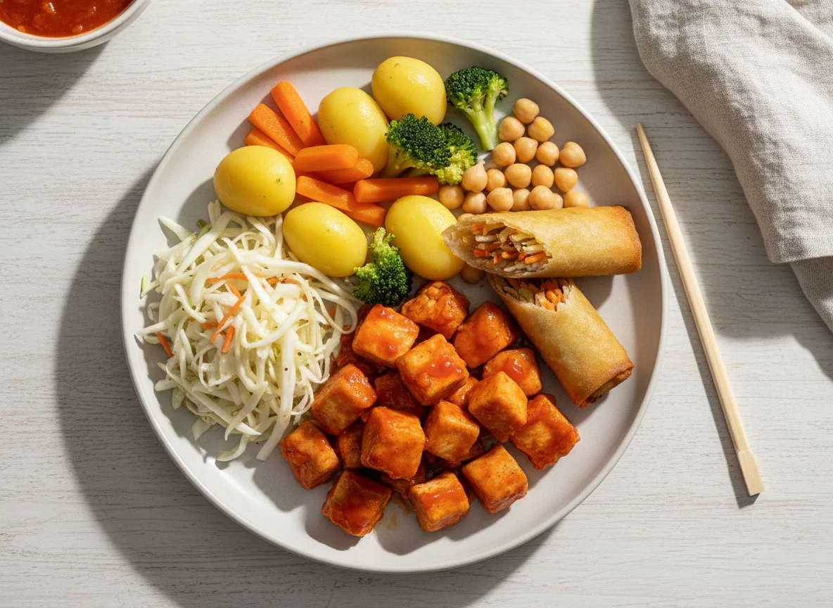 Asiatisches Gericht mit Poulet, Gemüse und Frühlingsrollen photo
