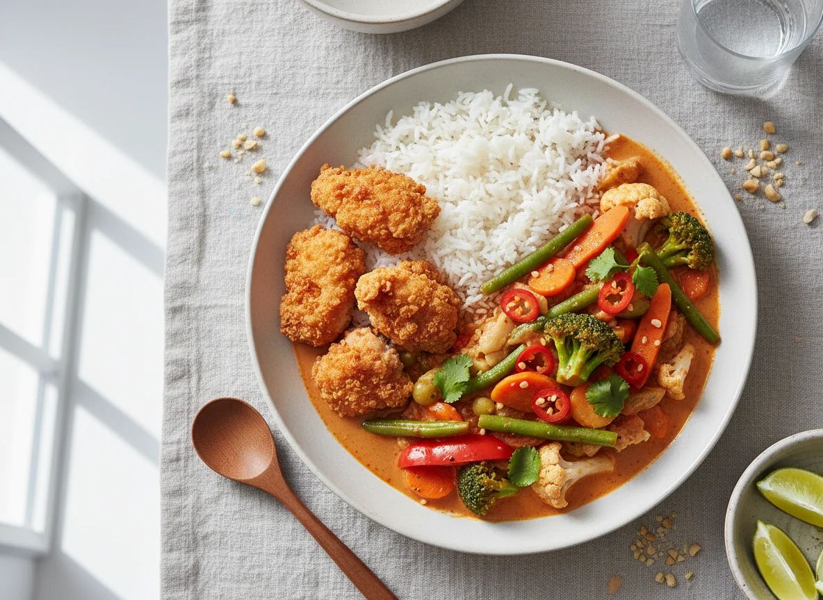 Asiatisches Gericht mit Reis, frittiertem Hähnchen und rotem Curry photo