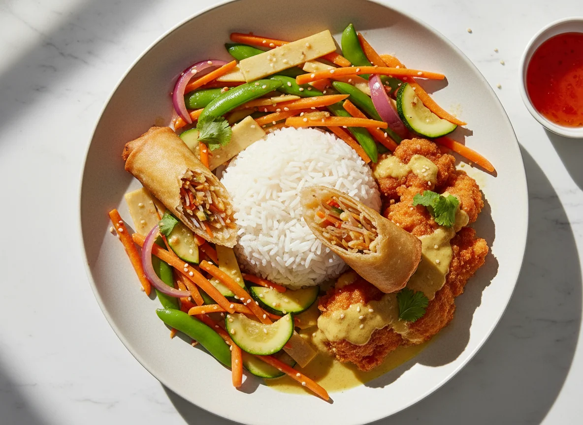 Asiatisches Gericht mit Reis, Frühlingsrollen und Gemüse photo