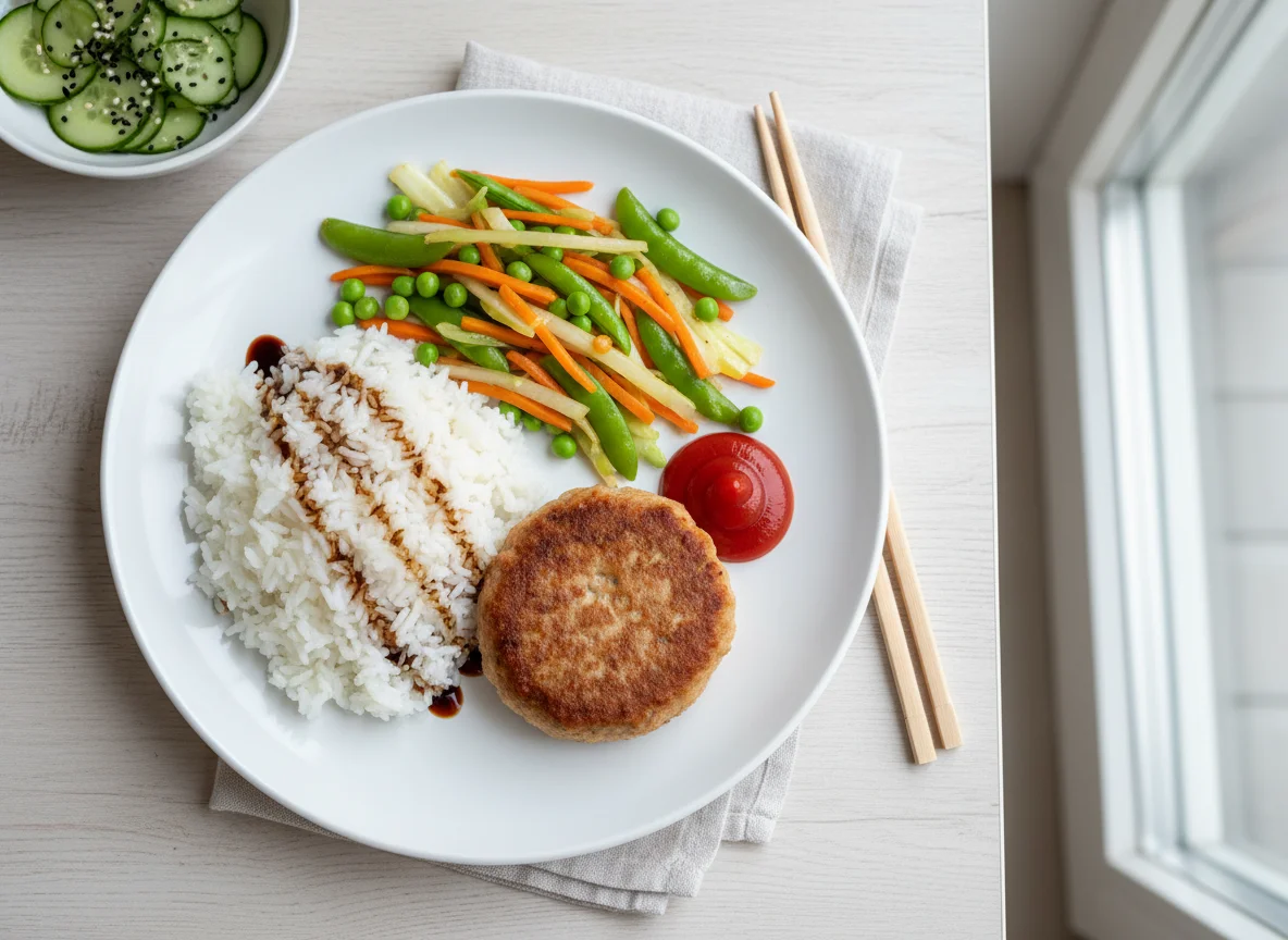 Asiatisches Gericht mit Reis, Gemüse und Frikadelle photo