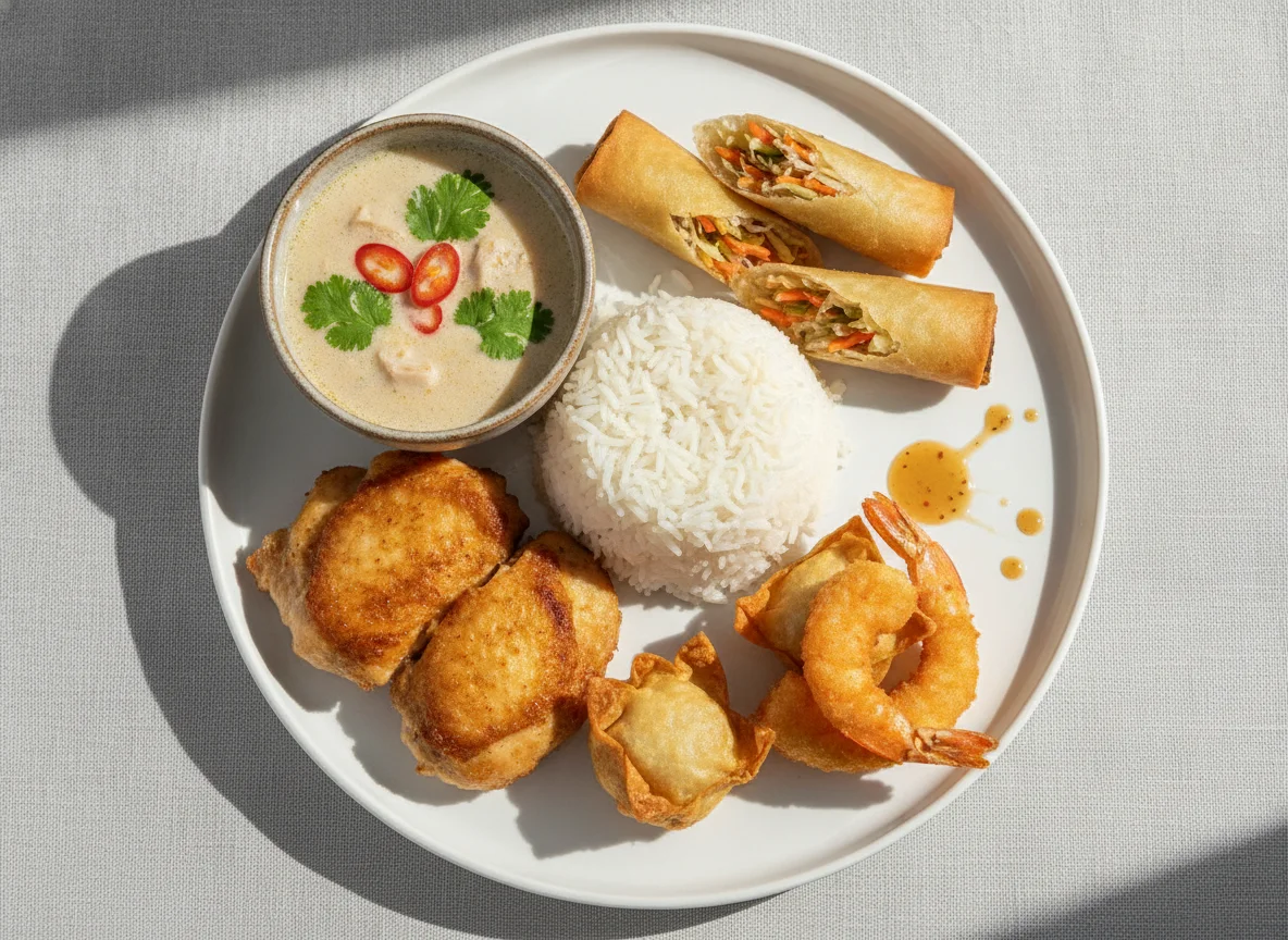 Asiatisches Gericht mit Reis, Huhn und Vorspeisen photo