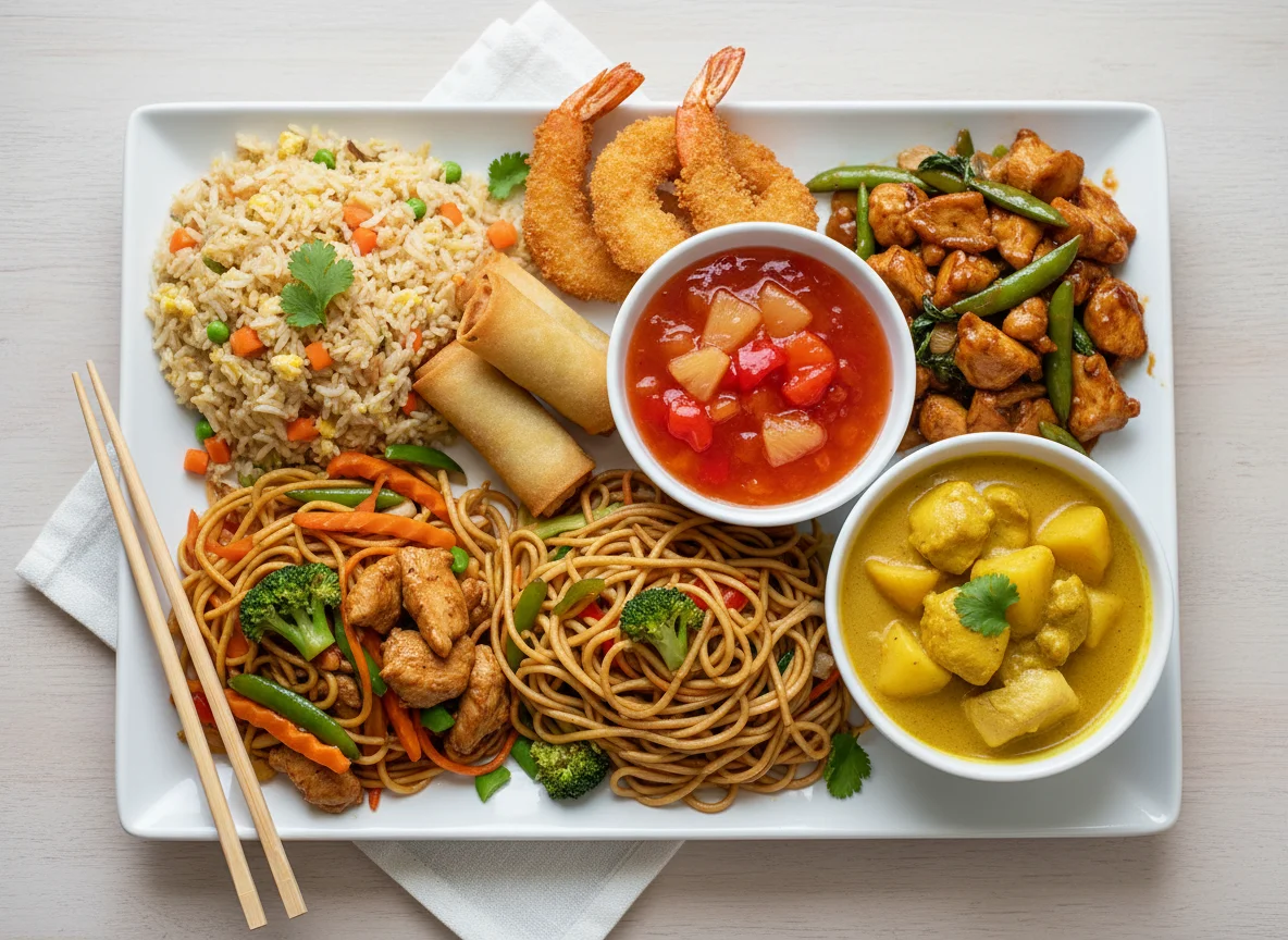 Asiatisches Gericht mit Reis, Nudeln und Frühlingsrollen photo